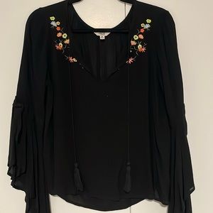 Black peasant shirt with embroidered flowers